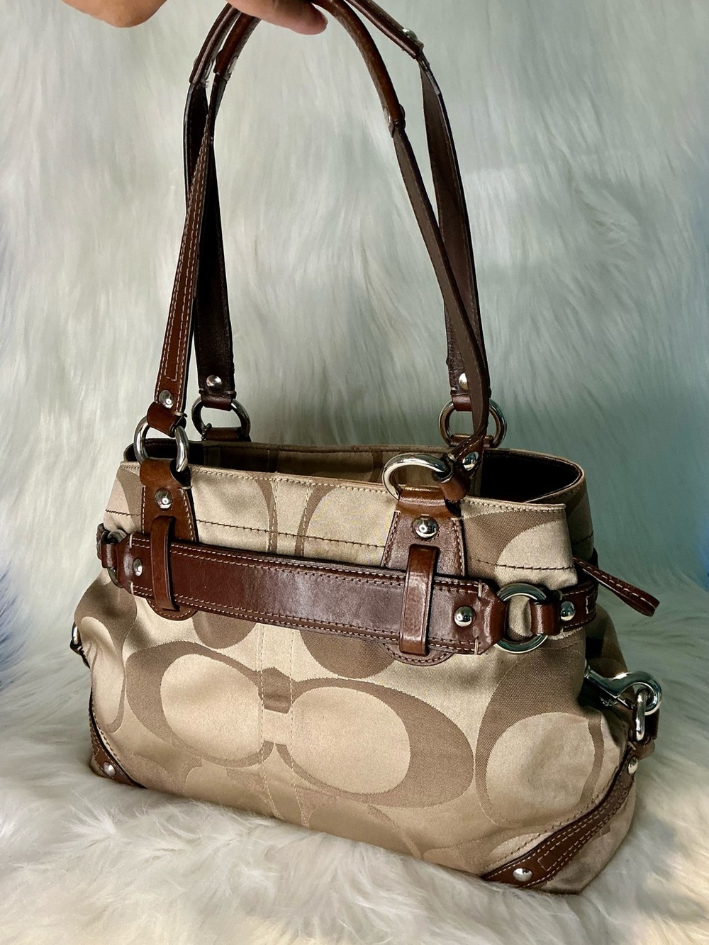 Classic Coach Beige CC Signature Satchel with Brown Leather Trim - Picture 2 of 8